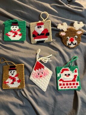6 pc needlepoint ornament set handmade